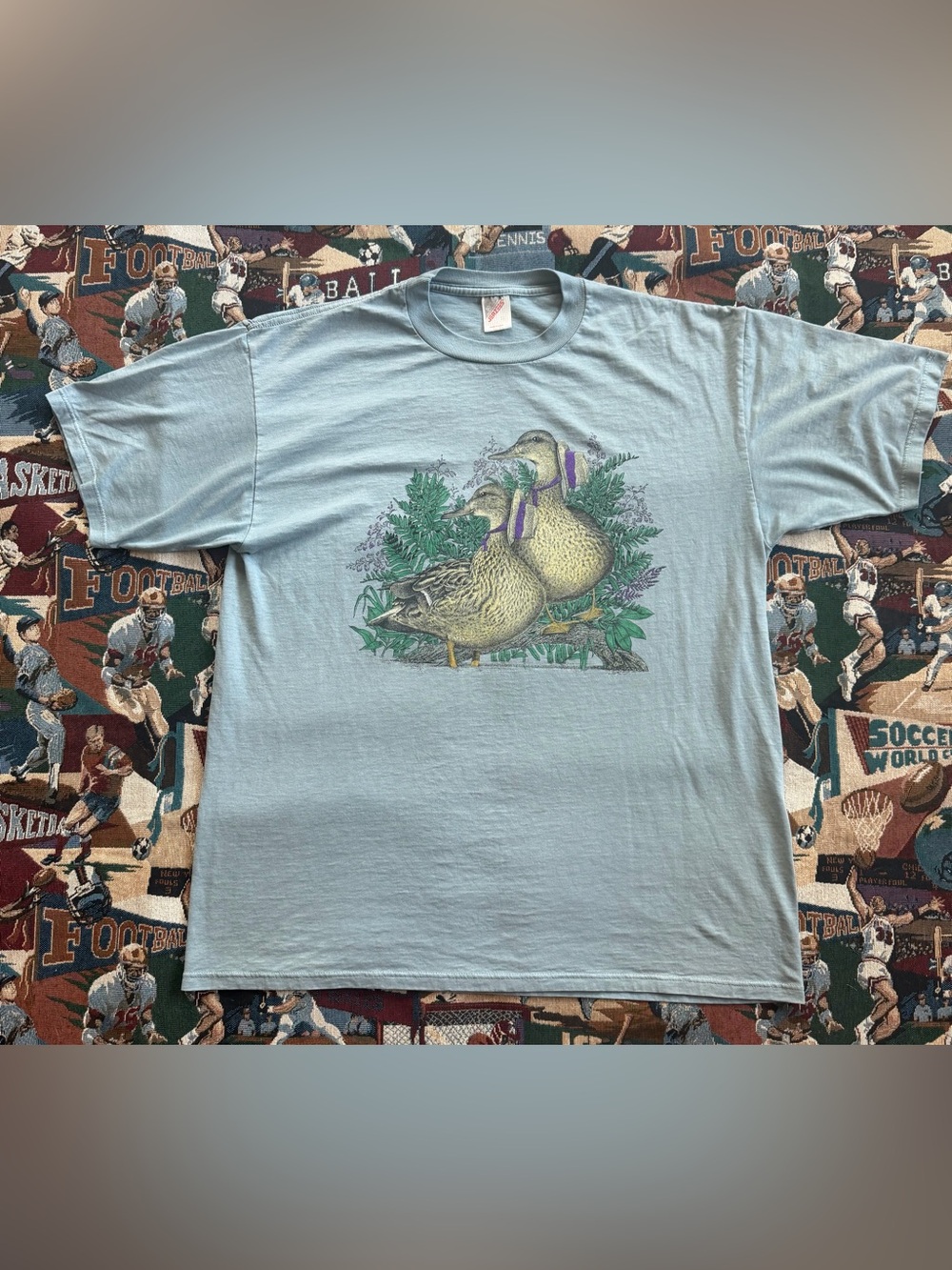Vintage 90s Men’s Jerzees Graphic Ducks Light Blue Graphic T-shirt